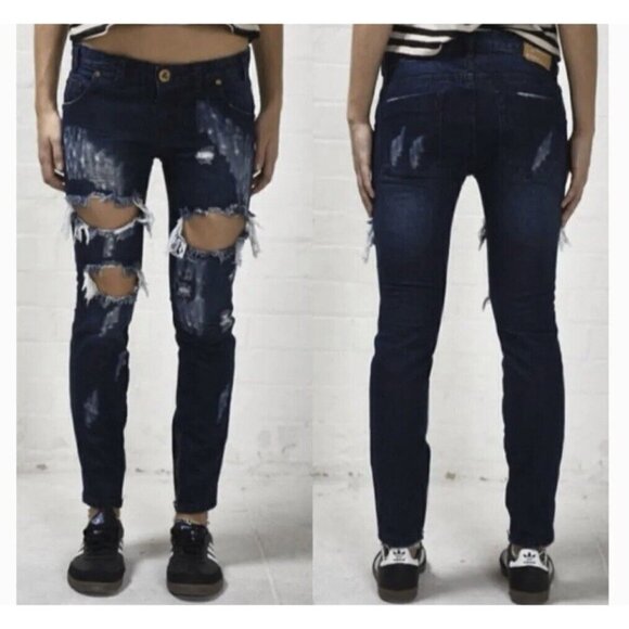 One Teaspoon Sz 27 Trashed Freebirds Crop Denim Jeans Skinny Dark Blue Women NWT - Picture 10 of 11